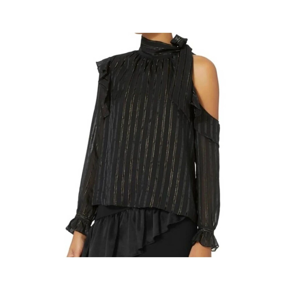 INTERMIX Womens Top Size 0 Black One Shoulder Tie Neck Stripe Bow Silk 4 DAWN